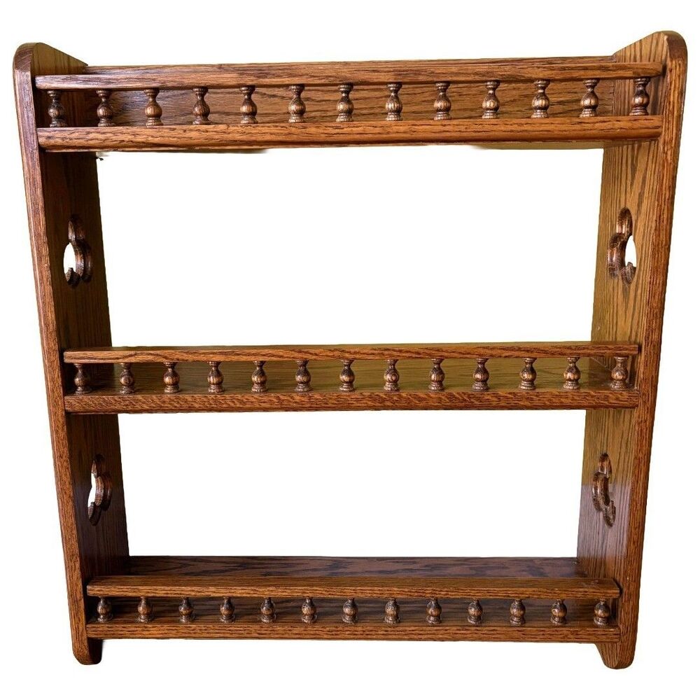 Vintage Wooden 3 Tier Hanging Wall Shelf Trinket Display Spindle Rails